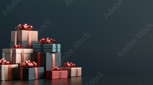 Isolated 3D close-up of a stack of gift boxes with sale ribbons around them minimalist dark gray background with space for creative text