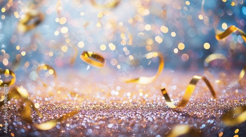 A close-up of a glittering New Year's Eve party backdrop with shimmering metallic streamers and sparkles, creating a glamorous and festive atmosphere.