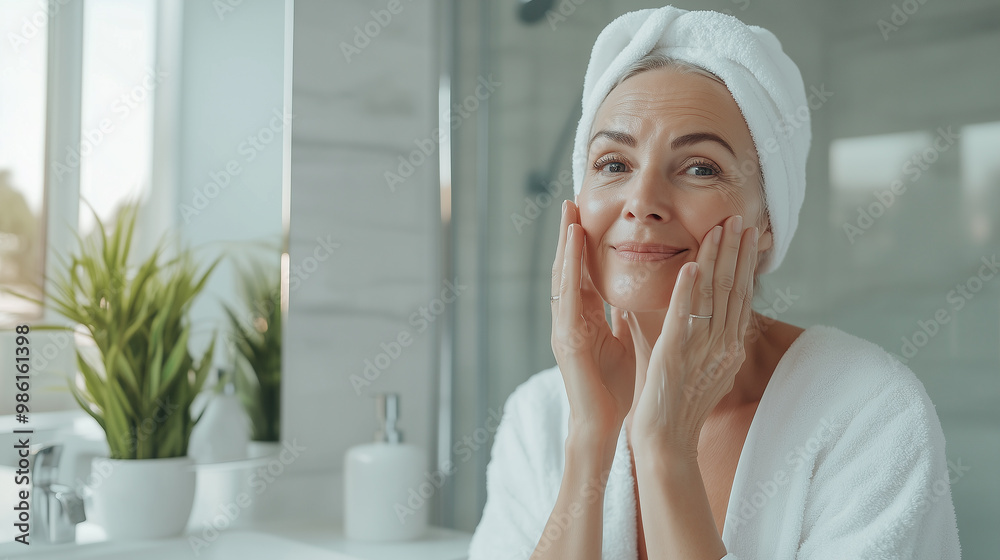 Mature Beautiful Woman in White Terry Dressing Gown Smiling While Doing Her Morning Skin Care Routine Mature Beautiful Woman in White Terry Dressing Gown Smiling While Doing Her Morning Skin Care Routine