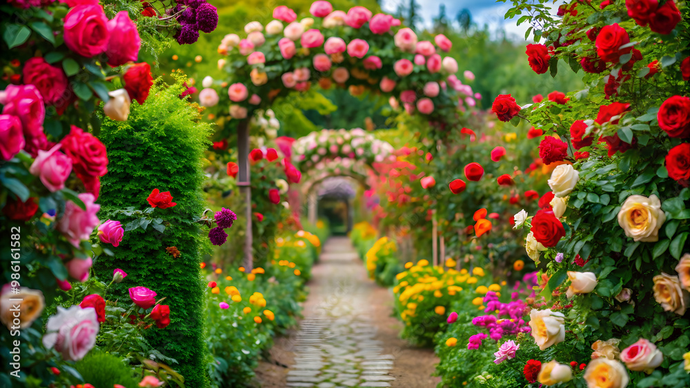 Fototapeta premium Rose garden in a parallel universe with vibrant colors and unique flowers, fantasy, alternate reality