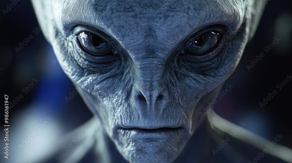 Close-up of an alien's face with large black eyes and wrinkled skin. Close-up of an alien's face with large black eyes and wrinkled skin.