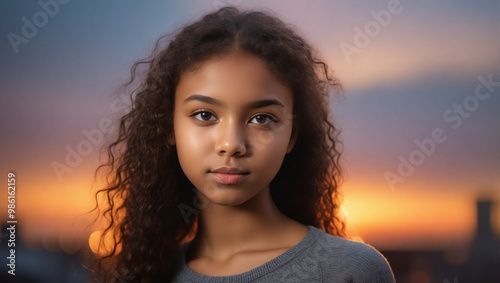 High School Age Girl in Sunset Light: Ideal for Education-Related Marketing and Promotions.