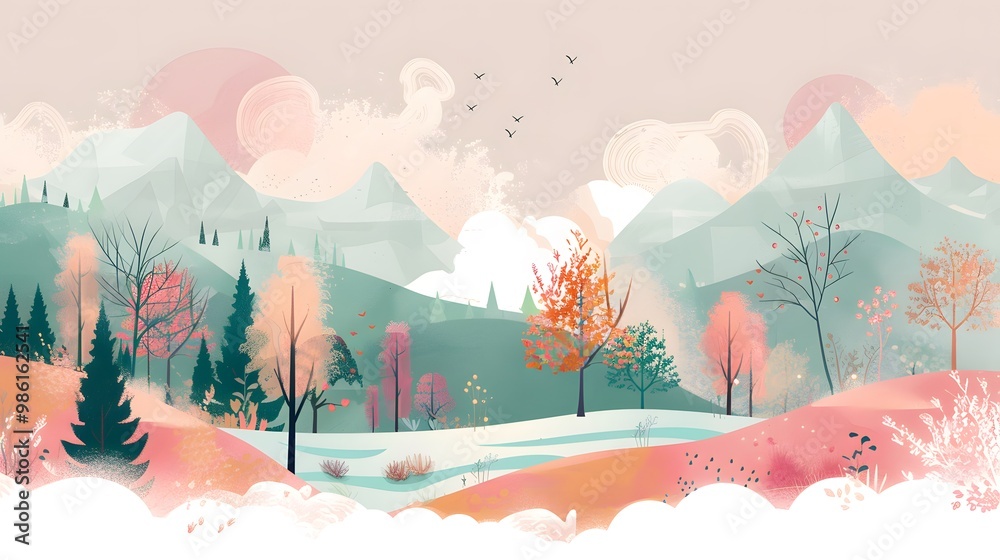 Fototapeta premium Natural Scenery with Trees, Mountains, and River – Vector Art 