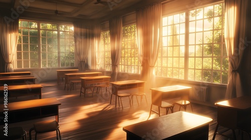 Empty Modern Classroom In the School Interior, Back to School Concept Book, Chair, table 3D Render.