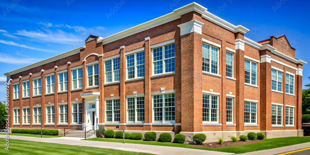 Fototapeta premium American school building with brick exterior and white windows, school, building, education, campus, architecture