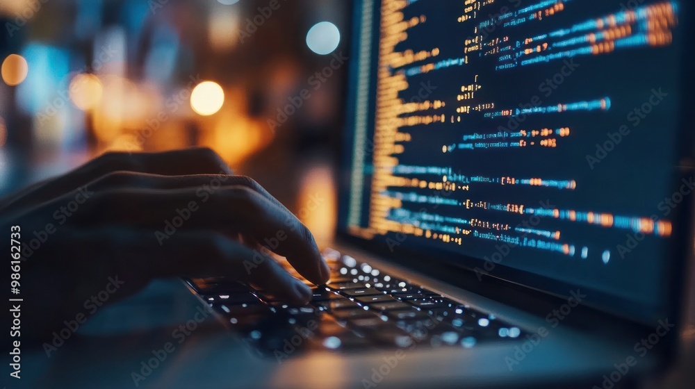 A person's hands typing on a laptop keyboard with code on the screen. The background is a blurry city lights. A person's hands typing on a laptop keyboard with code on the screen. The background is a blurry city lights.