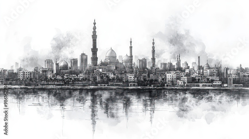 Cairo, Egypt, black and white pen pencil hand-drawn effect drawing illustration for travel poster, card, wallpaper, backdrop or banner. Modern, clear, artistic and simple