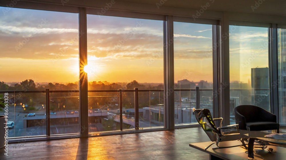 Fototapeta premium Blurred bokeh of a sunrise breaking through the window of a tech startup office