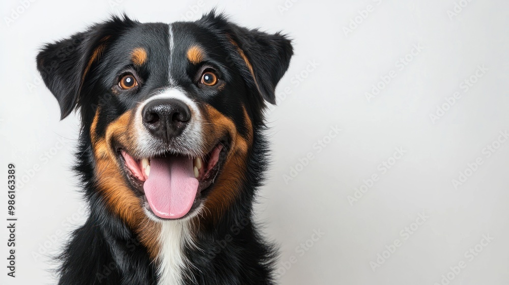 Close-up of a happy black and brown dog with a pink tongue sticking out.