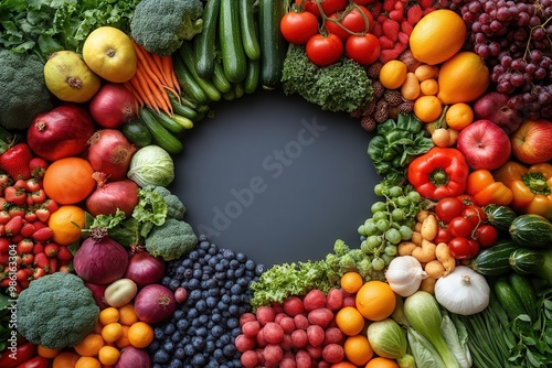 vibrant fruit and vegetable frame diverse produce arranged in circular composition on white background bursting with color