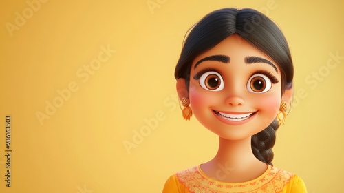 Smiling cartoon girl with long black hair and golden earrings.