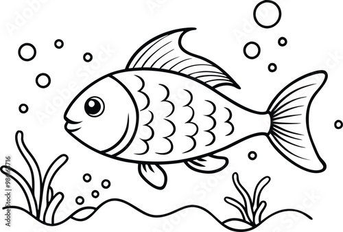 under water fish line art, vector illustration, bubble, seaweed, seascape,