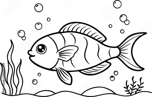 under water fish line art, vector illustration, bubble, seaweed, seascape,