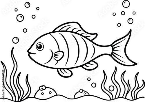 under water fish line art, vector illustration, bubble, seaweed, seascape,