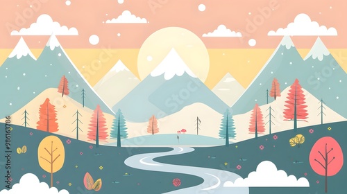 Serene River Flowing Through Mountains and Forest – Vector 