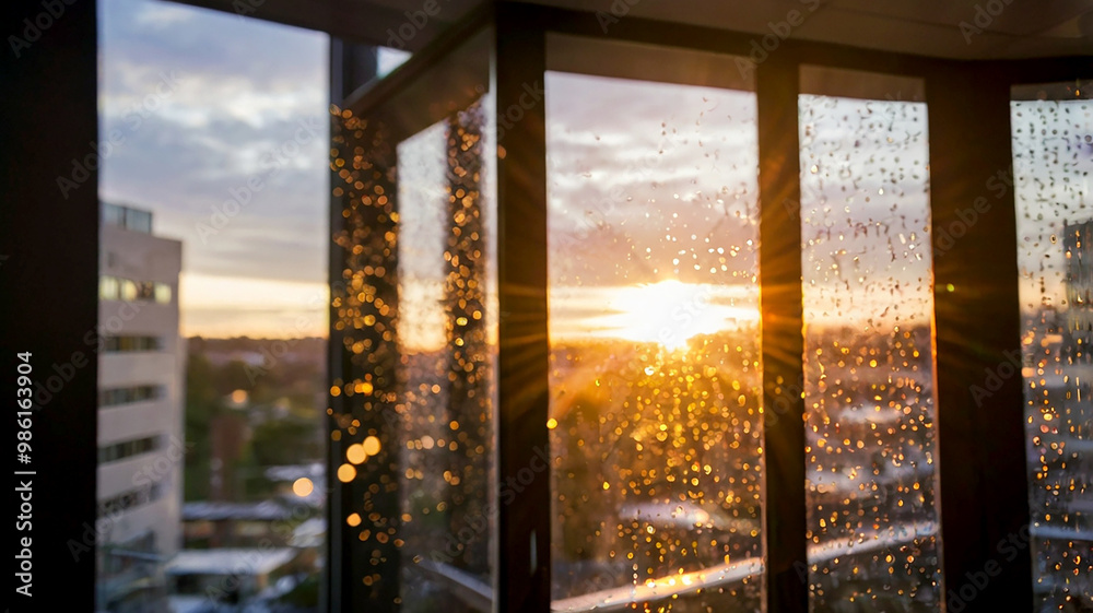 Blurred bokeh of a sunrise breaking through the window of a tech startup office Blurred bokeh of a sunrise breaking through the window of a tech startup office