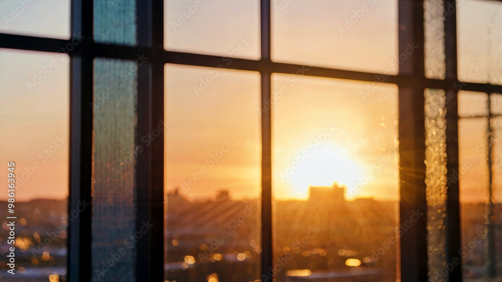 Fototapeta premium Blurred bokeh of a sunrise breaking through the window of a tech startup office