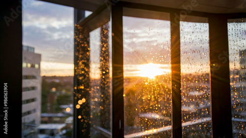 Blurred bokeh of a sunrise breaking through the window of a tech startup office