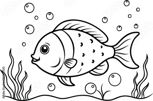under water fish line art, vector illustration, bubble, seaweed, seascape,