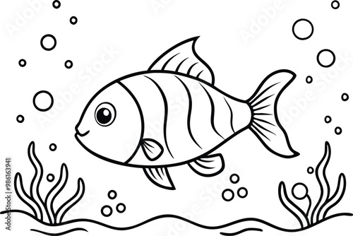 under water fish line art, vector illustration, bubble, seaweed, seascape,