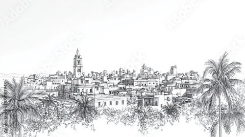 Camagey, Cuba, black and white pen pencil hand-drawn effect drawing illustration for travel poster, card, wallpaper, backdrop or banner. Modern, clear, artistic and simple photo