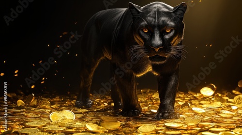 Black panther standing among gold coins with image of 80% 90% discounts in spotlight. Banner for sale and black Friday transparent background photo