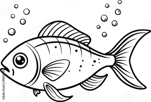 under water fish line art, vector illustration, bubble, seaweed, seascape,