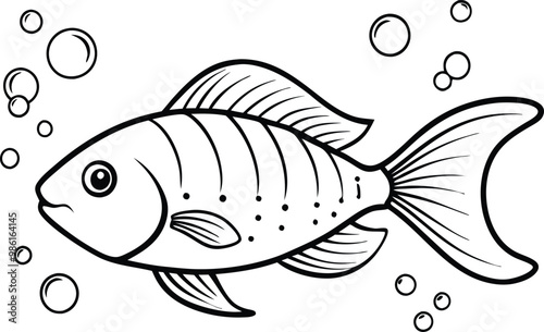 under water fish line art, vector illustration, bubble, seaweed, seascape,