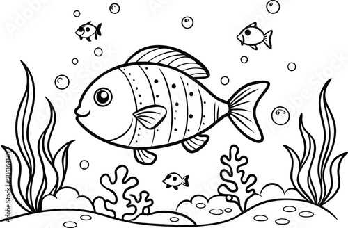 under water fish line art, vector illustration, bubble, seaweed, seascape,