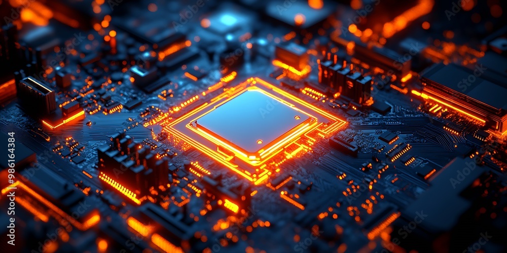 bright orange on dark blue tech motherboard : Generative AI bright orange on dark blue tech motherboard : Generative AI