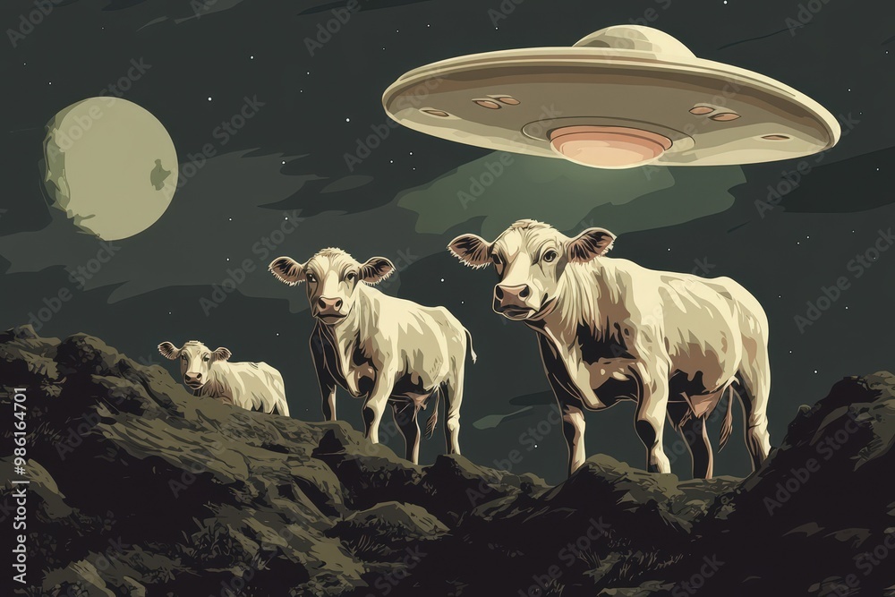Man Witnessing UFO Invasion at Night in Mysterious Landscape, Alien ...