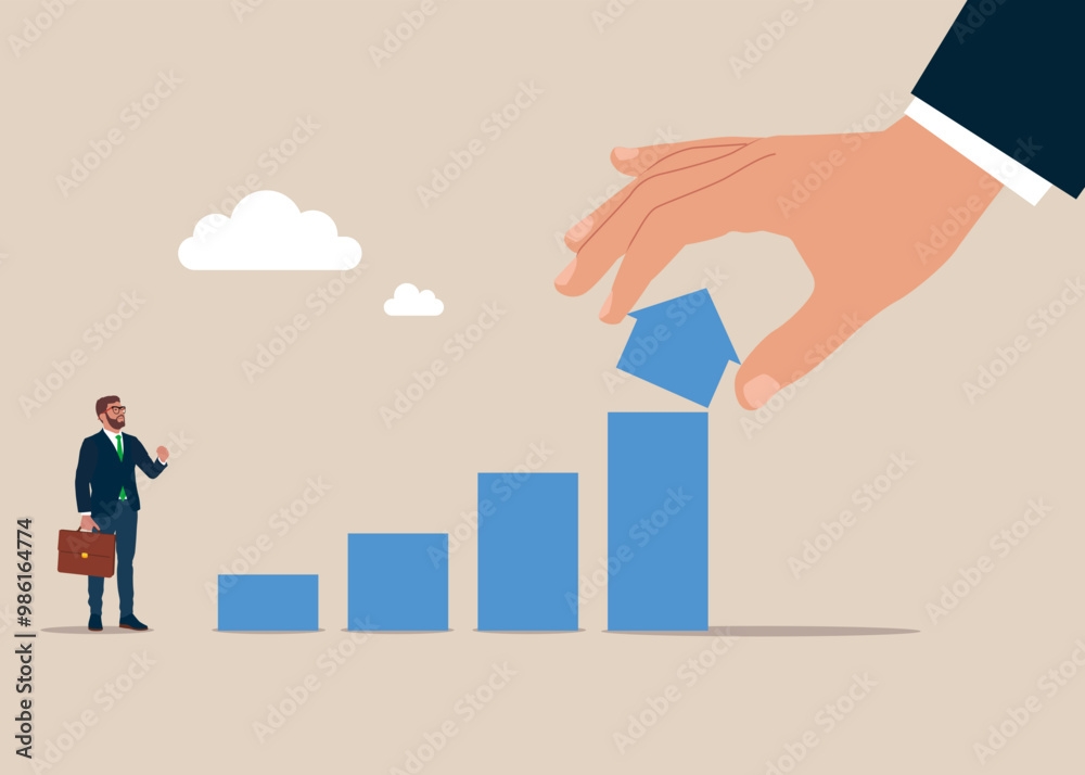 Business growth strategy. Raising high standards of living and prices. Businessman analyzing bar chart for financial success. Modern vector illustration in flat style Business growth strategy. Raising high standards of living and prices. Businessman analyzing bar chart for financial success. Modern vector illustration in flat style
