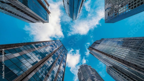A view looking up at modern skyscrapers against a bright blue sky with scattered clouds