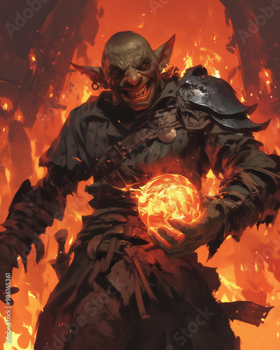 goblin pyromancer unleashing fiery magic amidst raging flames, his sinister grin revealing his thirst for destruction and chaos