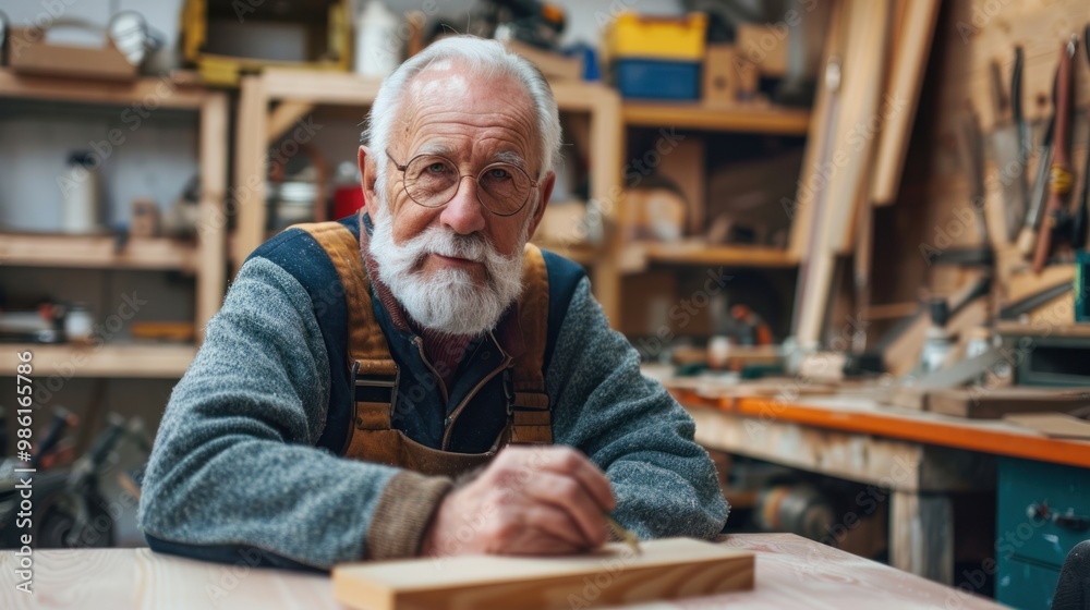An older adult man woodworking in a workshop carefully crafting a piece of furniture with skill and precision An older adult man woodworking in a workshop carefully crafting a piece of furniture with skill and precision
