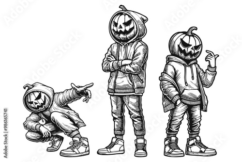 Hipster Jack-o'-Lantern in Hoodie Line Art - Halloween Characters Vector Illustration Set with Urban Style, Streetwear Vibes, Dynamic Pose, Isolated on White Background, Vibrant and Modern Design