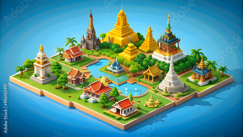 Cute isometric render of a province in Thailand with famous landmarks and vibrant atmosphere , Thailand, isometric