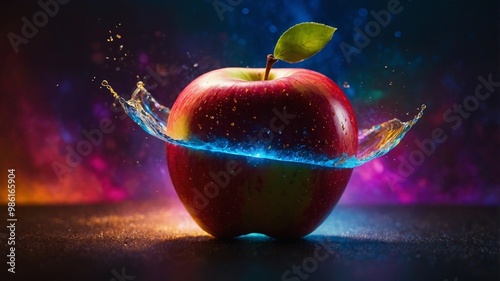 A glowing apple in vibrant, intense colors, floating in mid-air, surrounded by particles of light