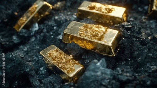 Close-up of gold bars resting on a bed of black rock.