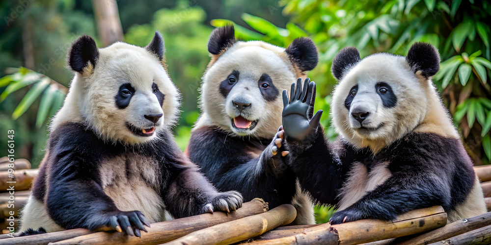 Fototapeta premium Playful image of a panda high fiving, showing teamwork and camaraderie, panda, high fiving, teamwork, collaboration, friendship