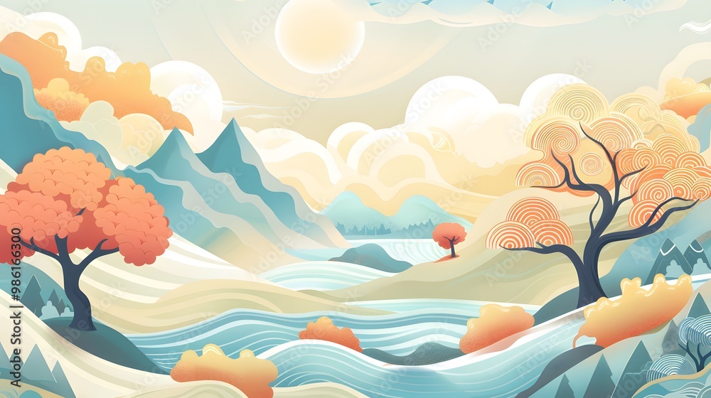 Calm Nature Scene with Forest and River – Vector Illustration Calm Nature Scene with Forest and River – Vector Illustration