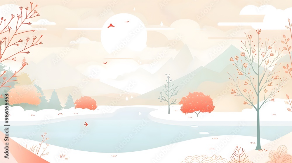 Calm Nature Scene with Forest and River – Vector Illustration Calm Nature Scene with Forest and River – Vector Illustration