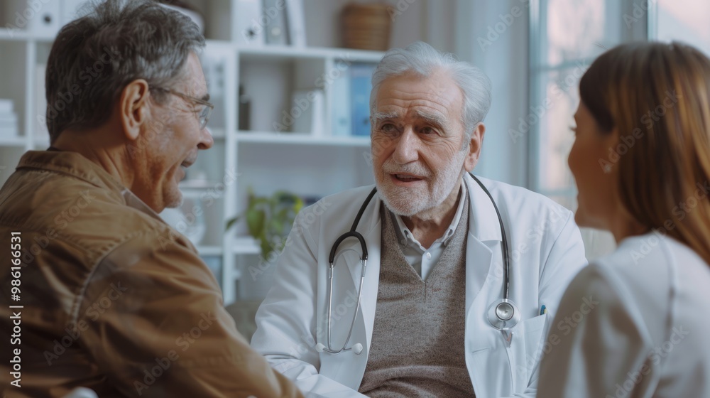 Obraz premium An older adult with a caregiver during a doctor's appointment discussing health concerns and treatment options