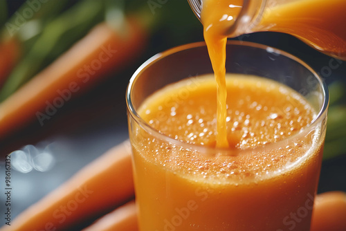 pouring fresh carrot juice into a glass. Advertising photo style. photo