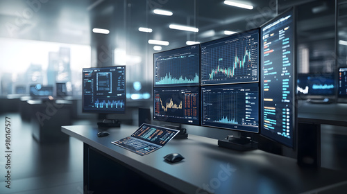 An illustration of business process automation concept, showcasing graphs for distribution analysis and consumption monitoring in a high-tech digital environment, with futuristic UI elements.