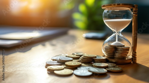 An hourglass with sand running out, with a pile of coins, on a wooden table, with green foliage in the background.