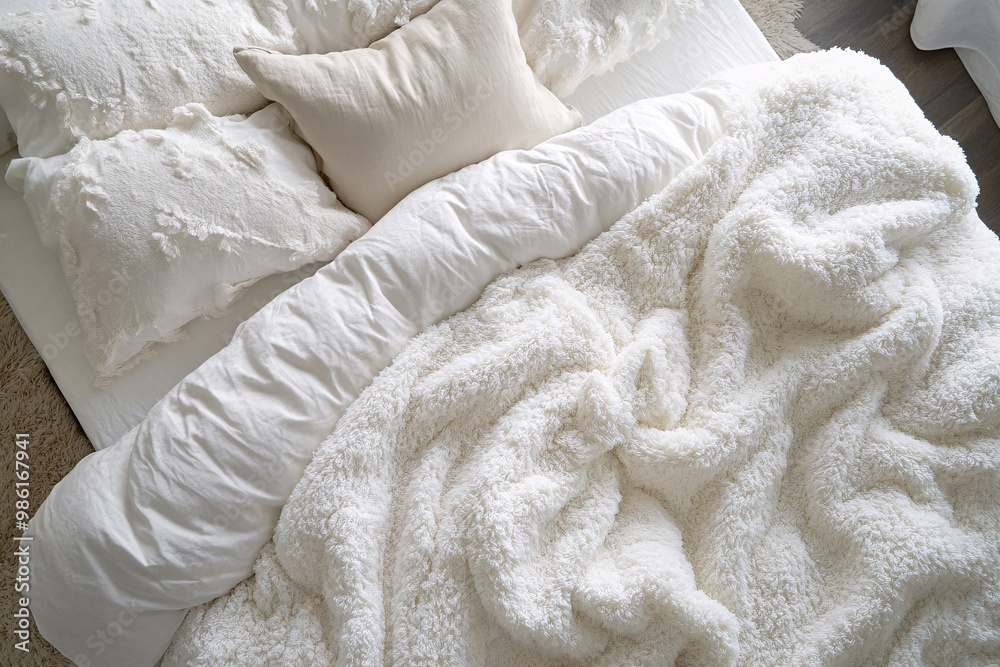 White Fluffy Blanket on Bed with Pillows White Fluffy Blanket on Bed with Pillows