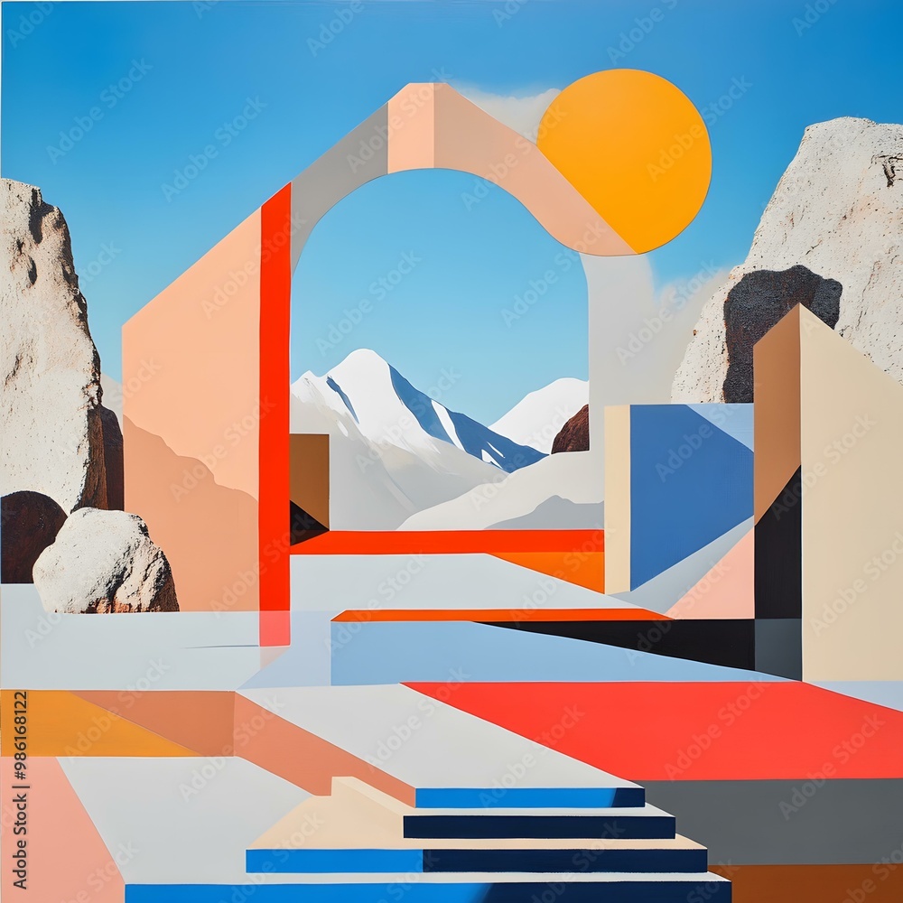 Abstract Geometric Landscape with Mountain and Sun Abstract Geometric Landscape with Mountain and Sun