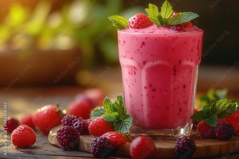vibrant pink strawberry smoothie in crystal glass crowned with fresh berries and mint condensation droplets glistening in warm sunlight on rustic wooden table vibrant pink strawberry smoothie in crystal glass crowned with fresh berries and mint condensation droplets glistening in warm sunlight on rustic wooden table