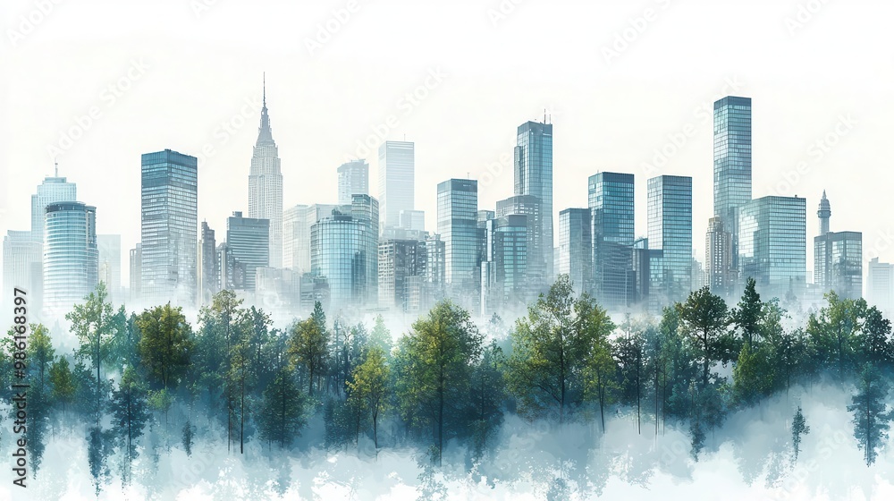 Fototapeta premium A serene urban landscape blending skyscrapers with lush greenery, showcasing nature's harmony in a misty atmosphere